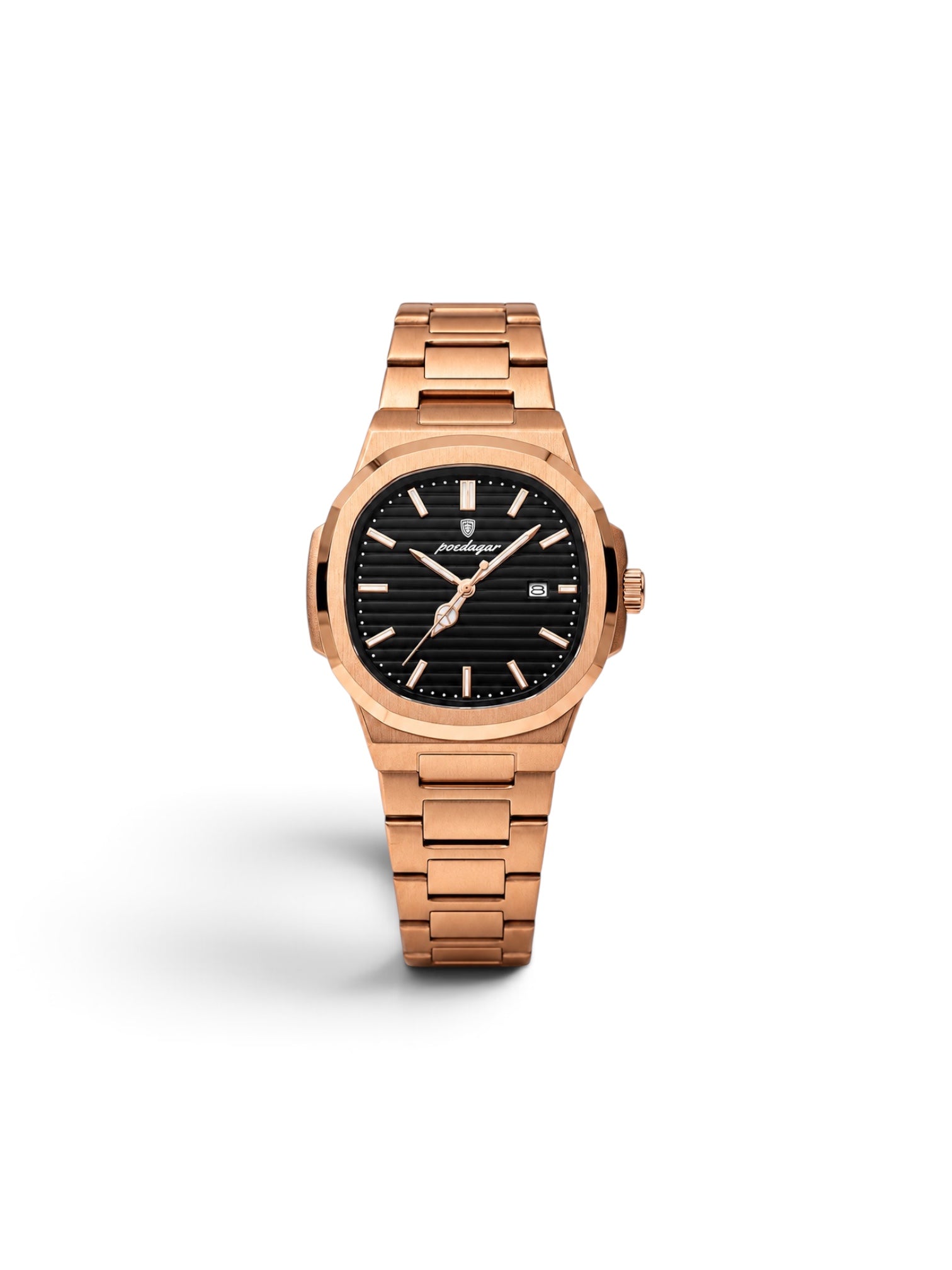 reloj octagono 613 cara negra pulsera oro rosa